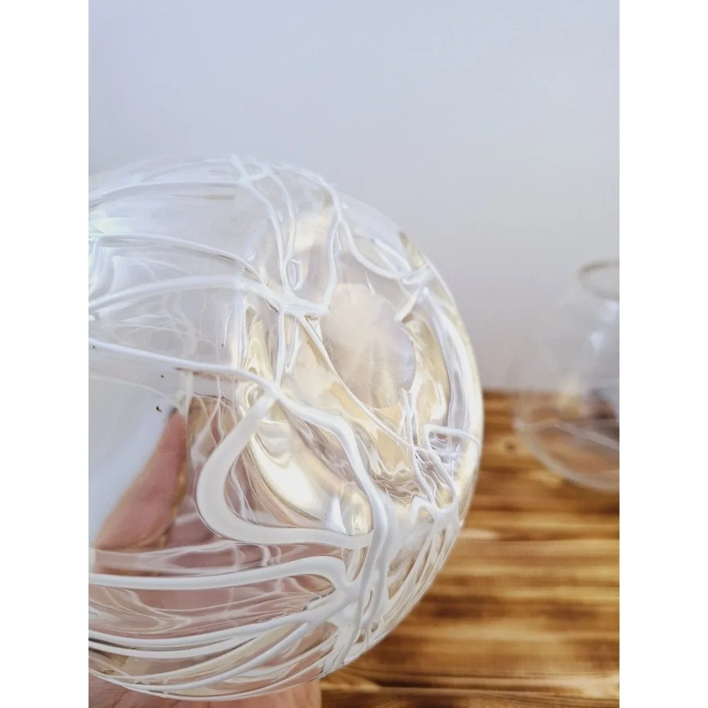 Set of 2 Lg‎ Hand Blown Glass White Spaghetti Drizzle Votive Candle Holder 6